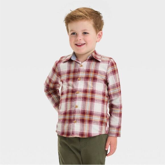 Oshkosh Boys Plaid Button Up Shirt Woven Collared Burgundy Brown Red Size 5T NEW - Picture 1 of 6